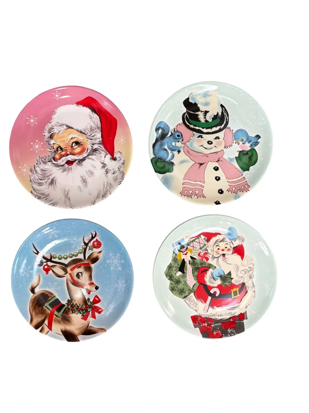 Mr. Christmas EUC Retro Santa, Reindeer & Snowman Christmas 8” Dessert Plates x4